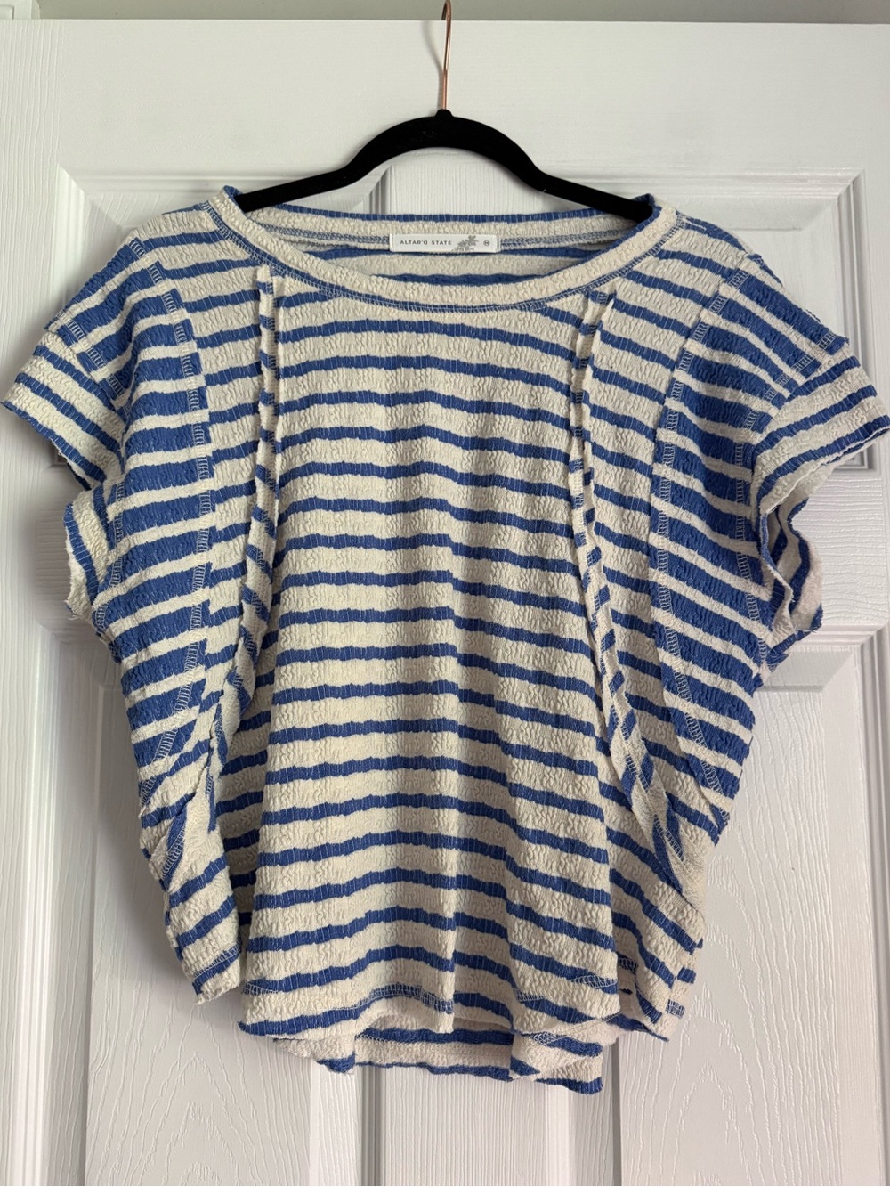 Altar'd State Blue and Cream Striped Short Sleeve Top